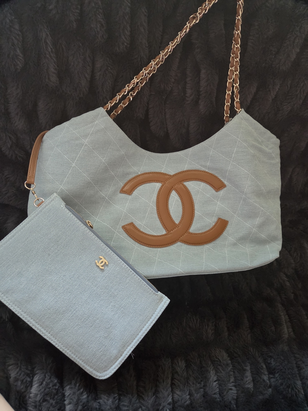 Light Blue Denim Tote With Brown Leather Detail - Picture 10 of 11